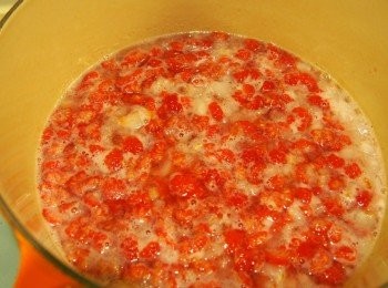 step5: 把切好的紅桑子及餘下的半個檸檬汁加入荔枝混合物，繼續加熱至滾起，煮約20分鐘，期間要攪拌，而且要撈走滾起的白色泡沫。