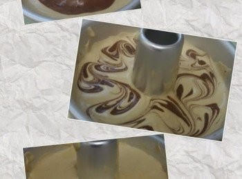 step6: 用餐匙先把咖啡麵糊舀進蛋糕模內然後是可可麵糊，重複以上步驟直至舀入最後的可可麵糊後用筷子插入麵糊裏以S字形畫紋，再舀入最後的咖啡麵糊。