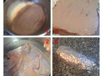 step6: 1~2.鮮奶油放冷凍10分鐘後，打到起泡，加入糖粉和可可粉，低速打到濃稠打痕清楚，放冷藏備用。 蛋糕放涼後在桌上鋪鋁薄紙(光亮面朝上),將蛋糕倒扣在鋁薄紙上，輕輕撕去烘焙紙後,花紋朝下的再次翻面。接著用小刀在上面劃刀以便捲起來時比較不會裂開3.抹上鮮奶油，4.再利用鋁薄紙捲起,兩邊轉緊後冷藏半小時.