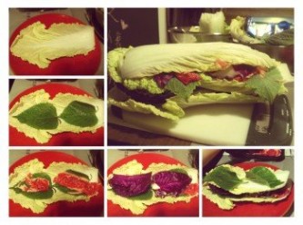 step3: 把大白菜、芝麻葉、紫椰菜洗淨，然後再以上材料及牛肉鋪起至4至5層 (大白菜>芝麻葉>牛肉>紫椰菜>大白菜 為一層)成三明治的模樣