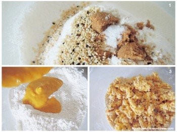 step1: 1）在大碗里将面粉,泡打粉和黑糖一起过筛，之后加入盐巴和烤过的芝麻粒。2）在小碗中，将油，豆奶及南瓜泥一起搅拌至顺滑。3）把湿性材料倒入粉类材料里，利用叉子搅拌至无粉状，成团即可。（不要过度的搅拌面团，影响口感）