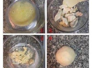 step2: 輔助麵糰的蛋液+牛奶+糖+鹽先攪拌均勻，再加入麵粉和奶粉（如不放奶粉則可增加這5g到高粉裡），略微攪拌後備用；接著將發酵好的<span class="group_2">發酵麵團</span>略壓出空氣後，撕成小塊與輔助麵糰混合，並用手壓揉到麵團光滑。