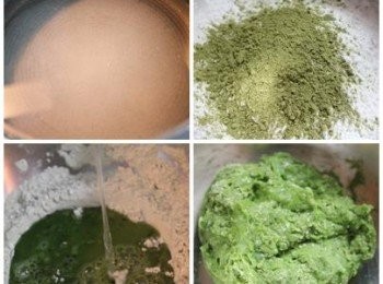 step1: 1) 水與糖放入鍋中, 加熱煮到糖完全融化

2) 片栗粉與綠茶粉攪拌均勻

    ** 片栗粉也可用地瓜粉代替

3) 將加熱後得糖水加入乾粉中攪拌均勻成糰後, 蓋上保鮮模放涼