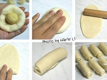 step7: 將《麵皮》輕輕按壓成薄餅狀
包進《油酥麵糰》後滾圓，收口朝下

將包好《油酥》的麵糰壓成薄餅狀
擀開成橢圓長形，由一端開始捲起來
全部都捲成蛋捲狀，收口朝下
用保鮮膜包覆起來避免水份蒸發
靜置 10分鐘醒麵 。