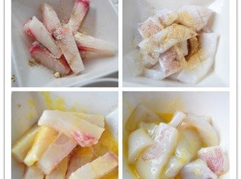 step2: 將鯛魚片切成細長條狀與花枝切為長片狀，並以<span class="group_2">醃料</span>稍微醃漬10分鐘