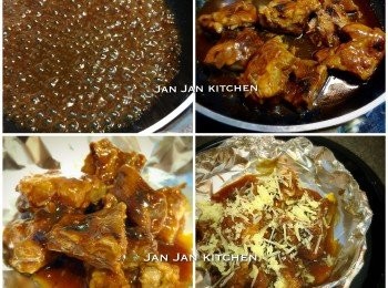 step3: 炆完的汁隔渣後煮熱，下生粉水埋芡，將軟骨回鍋拌勻，加入蜜糖拌勻。如想大辣，可醋量再加半湯匙地捫辣蕃茄醬才埋芡。將全部材料連汁放上已鋪錫紙的焗盤上，鋪上芝士碎，錫紙封剩頂部少許，放入已預熱之焗爐，200度焗5-6分鐘至芝士溶化即可。若果唔想焗，埋完芡即可享用，亦非常好味！