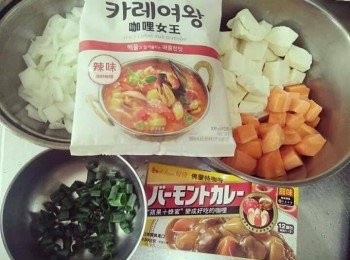 step1: 準備<span class="group_1">食材</span>並清洗，紅蘿蔔、地瓜，全切塊狀，洋蔥切片狀，青蔥切珠、備用；