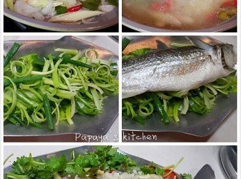 step2: 呢個時候就煮個汁：落油爆香蒜溶，乾蔥，辣椒，香茅，再加入雞湯煲滾，加入薑汁，再用鹽，魚露，糖調味；魚爐先放蔥，芹菜墊底；魚蒸好後，倒走碟中嘅水，攞走肚中嘅薑，因為會比較有腥味，跟住移去魚爐中，周圍和上面就放其餘配料