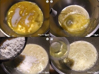 step3: 3.取另一個碗放入全蛋，再加入砂糖，用打蛋器攪至變白後放入植物油再仔細拌匀，接著再將已過篩的粉類分２—３次，慢慢的拌入蛋液中