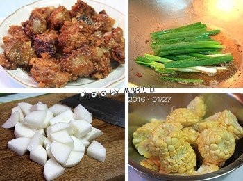 step1: 將排骨加上醃料醃漬半小時以上
使之入味後倒掉多餘的醃汁
將木薯粉倒進碗裡和醃好的排骨一起拌勻
如此排骨上就沾了一層麵糊了
排骨一塊塊下油鍋炸至金黃酥脆
也將醃料的蒜瓣一起下鍋油炸
最後撈起瀝乾油備用。

白蘿蔔去皮後切塊備用
玉米切成小片段備用
蔥切段下油鍋炸出香氣後瀝乾油備用