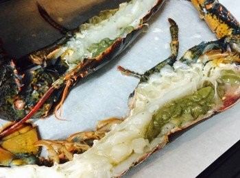 step2: 焗盤上先鋪上焗盤紙，灑上1湯匙橄欖油，輕輕抹匀。放上龍蝦，龍蝦肉朝上。剩餘的1湯匙橄欖油平均塗在龍蝦肉上，入爐先焗約8分鐘。