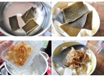 step6: 先準備湯底，將海帶清洗後放入鍋中加入適量的水浸泡30分鐘，再加熱至水沸騰取出海帶，接著加入柴魚片滾煮約3分鐘熄火，稍放涼後取出柴魚片