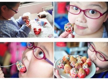 step3: 偶而放手讓孩子學會自己創作，讓她動動手動動腦，身為家長的我們更需從旁指導與讚美!看她多認真的動手DIY，才做好1個就迫不及待的想先嚐嚐..自己完成一大盤的草莓球