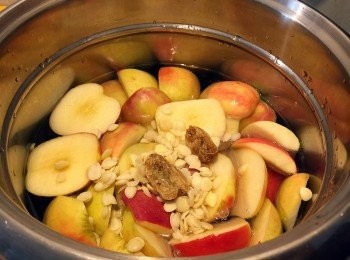 step2: 湯煲準備2 公斤水，加入蘋果、南北杏和蜜棗，大火煮滾約10分鐘，轉中小火煲 1 小時