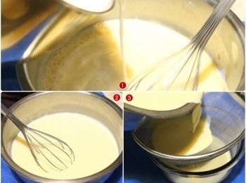 step6: 將巳加熱到60度C的鮮奶，以邊倒邊攪拌的方式沖入則巳備好的蛋液中 快速的攪拌均勻之後，再以細目的濾網過篩後倒入保鮮盒