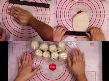 step11: 再重覆捍成長型，卷起垂直站立，卷口向上，做好8份後，蓋上保鮮紙二次發酵半小時