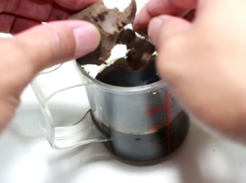 step6: 魚露的標籤上, 會寫有20N° 、40N° 、60N°  等度數, 是濃度的識別。選用40N° 的, 風味就足夠了。
40N° 魚露100g/ 100ml , 蝦膏 20g 
把蝦膏略為掰開捏碎 浸泡在魚露中, 到做泡菜的時候就差不多泡開了。