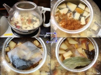 step3: 在加熱壺內倒入飲用水煮至滾沸後，再放入蘋果丁及肉桂粉，肉桂葉後持續加熱至少一分鐘
再放入紅茶包，持續煮沸至少３—５分鐘後即可飲用