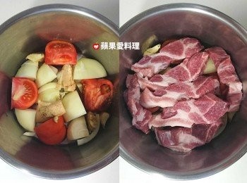 step2: 取出6人份內鍋，放入蕃茄、洋葱、薑，再舖上豬肉。