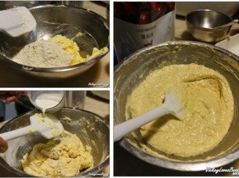 step4: 接著再將巳混合的粹類及鮮奶欲交替的方式加入奶油蛋糊中 以按壓的方式仔細的拌匀至無粉狀態即可