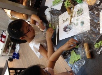 step1: 先將棉花糖混合朱古力及綠茶粉加熱溶（可用微波爐）在一起拌成糖果粉團待涼便可以隨意搓成合適的形狀栽切揑成植物的葉片形狀