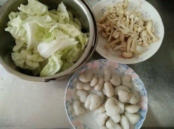step1: 洗淨白菜並切片、洗淨精靈菇、澎湖水產狗母魚丸、水800cc，備用；