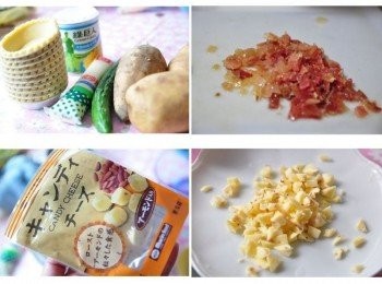 step1: 備料:有機馬鈴薯、地瓜、小黃瓜、綠巨人玉米粒、蜜汁火腿片、紅蘿蔔、杏仁起司球(切成丁狀)、桂冠沙拉、百香果醬、現成派塔