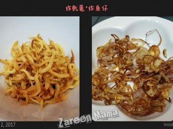 step4: 而家炸蔥頭及魚仔，魚仔金黃色已經可以撈起，因為盛起後，色澤會再變深一啲