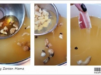 step3: 雞湯加冬菇水，瑤柱水。放冬菇蒂，金華火腿，滾45分鐘。