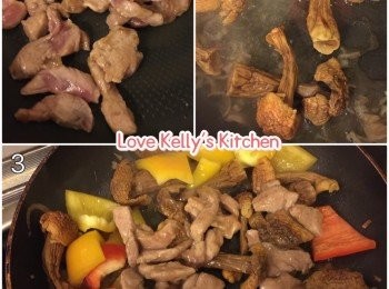 step2: 豬肉切條用調味料醃15分鐘，黃椒/紅椒切件，紅蔥頭切粒；