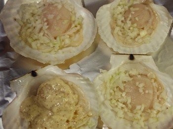 step3: 洋蔥舖在扇貝上，再蓋上乳酪汁
