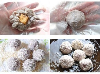 step3: 取適量的芋泥在掌心，將起司球切半包入芋泥球中，搓成圓形，外圓沾裹適量的麵包粉，放入熱油鍋中半煎半炸