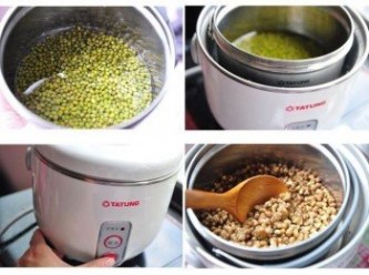 step1: 將綠豆泡水30分鐘後，放入大同電鍋(內鍋約1.5量杯水，外鍋1.5量杯水)燉煮至電源跳起即可