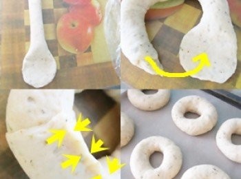 step3: 將條狀麵糰用手往左、右擀成長條柱狀(約27㎝)
一邊讓尾端略細、另一端則以擀麵棍擀壓成扇形(湯匙形)，
將細端包入扇形端中，以手指捏合接口
(＊整個長條柱狀接口與此同向) ，
放入鋪好烤盤布的烤盤上在溫暖處(約35℃)最後發酵約30分鐘，