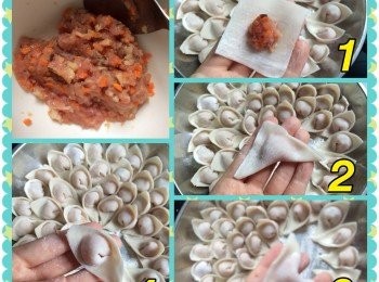 step2: 餃子皮買四方形的，方便每片切成四份包成餃子狀。