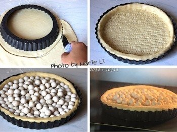 step7: 最後一次三折後將麵糰擀開來
依派盤的大小再多出約5cm左右
沿著邊切出一片圓型麵皮來
把麵皮鋪在派盤上
仔細按壓使之完全貼服在派盤上

這次的作法有些小小的改變
想嘗試著先將派皮烤成半熟的方法
於是在派盤裡鋪上滿滿的烘焙石
用以壓住派皮好使它不會任意變型
然後放進事先預熱好的烤箱中烘烤

以《上、下火：200度》
烘烤約《十分鐘》左右即可
離爐後小心地將烘焙石移走

※正確做法應該是將烘焙石與派皮中間以烘焙紙墊著~ =..="
