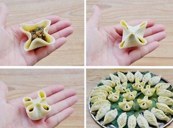 step4: 用手撐出四個角來。中間的連接處捏緊。再把四個角用手撐開。鍋中水燒開，把包好的蒸餃依次放入荷葉上大火蒸10分鐘左右。