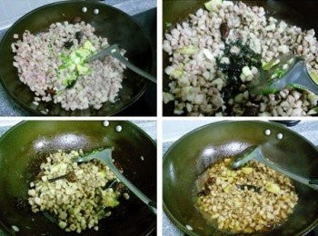 step6: 肉炒變色後放入蔥薑繼續翻炒，炒到肥肉出油。這時候倒入陳醋，不要加水，大膽地倒入陳醋，以能淺淺地蓋住肉麵為宜，蓋上蓋子，小火燉半個小時，中間可以翻動兩次，讓肉味浸的更均勻。半小時後，打開看看汁收的差不多了，加鹽和辣椒面，翻炒均勻就可以了。看看，漂亮的油辣臊子。