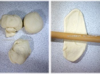 step5: 8 等發酵完後 （手指插一個洞，麵團不會回彈），取出麵團將它揉一揉9 將麵團分成三等份，各用桿麵棍桿一桿把空氣排出
