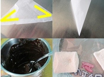 step4: 中間準備動作：
a烘焙紙裁剪一三角形，由底端最長端兩尖角往中間捲成圓錐狀，
上方不平整部份往內摺好固定！
b隔水加熱融化巧克力磚。
c包入麵糰的棉花糖之外，剩下的兩個棉花糖以手掌或擀麵棍壓扁備用。
d烤箱烘焙麵包10分鐘前先行預熱！