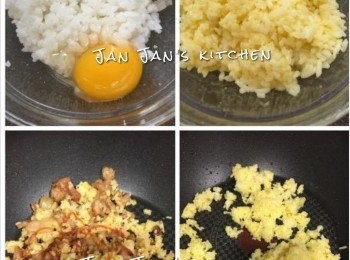 step3: 快速將飯變金黃，做法是直接將蛋黃加入飯搞勻。下油炒至鬆身後，餡料回鑊加入調味料及茄汁炒勻。
