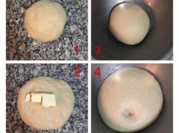step2: 成糰後,倒到工作檯上,揉到表面略微光滑,即可加入室溫無鹽奶油,揉到奶油完全被吸收,麵糰表面更光滑,柔軟度像耳垂一樣即可放回容器中,蓋保鮮膜進行發酵, 約30-45分鐘後麵糰長大一倍多,可用手指戳一下麵團,如指洞不回彈即代表完成發酵.