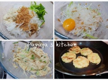 step3: 香煎蘿蔔餅 : 先將刨成絲的蘿蔔, 加入糖和鹽各1湯匙, 蝦皮, 蔥花, 芝麻, 蛋黃撈均, 再加入麵粉撈均, 然後用中小火, 下鑊煎至金黃色, 先慢慢煎好一邊, 反轉再煎就可以啦~
(如果蘿蔔絲還是比較多水份, 可以加多些少麵粉中和)