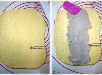 step2: 8 將麵團揉一揉排出空氣後，分成二份
9 取其中一份，桿平後在中間1/3塗上芋泥