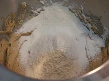 step4: 分兩次加入Neon高筋粉，Kosher Salt及梳打粉等攪拌