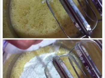 step1: 取出一個較深的大碗，把蛋加入，利用電動打蛋器打至打泡，然後加入糖粉。