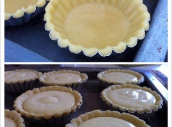 step3: 將撻皮麵團按入撻摸【麵團厚度自己調整】，放進預熱烤箱，以180度烤至半熟【微黃】。