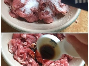 step1: 先將牛肉切絲，先加砂糖，拌勻，再加醬油，再拌勻，備用。