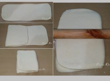 step3: 用桿麵棍用力擀成長方形, 三次三摺, 可以用手粉配合。