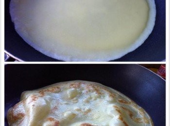 step2: 取出平底鍋，抹上一次牛油。
把火速調低，麵糊淋在平底鍋，搖一下平底鍋，確保麵糊薄薄一次。
前後煎至金黃色即可